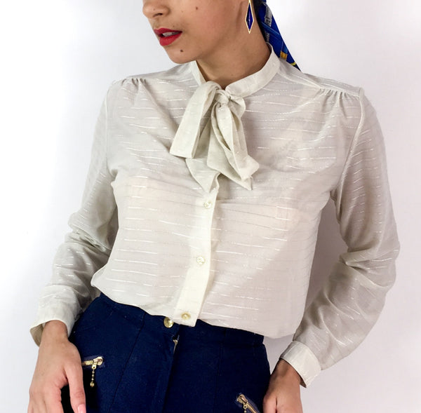 80s vintage sheer blouse, bow collar