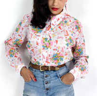 70s vintage retro print shirt, pointy collar