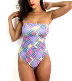 80s vintage strapless one-piece swimsuit, long bow at the back.