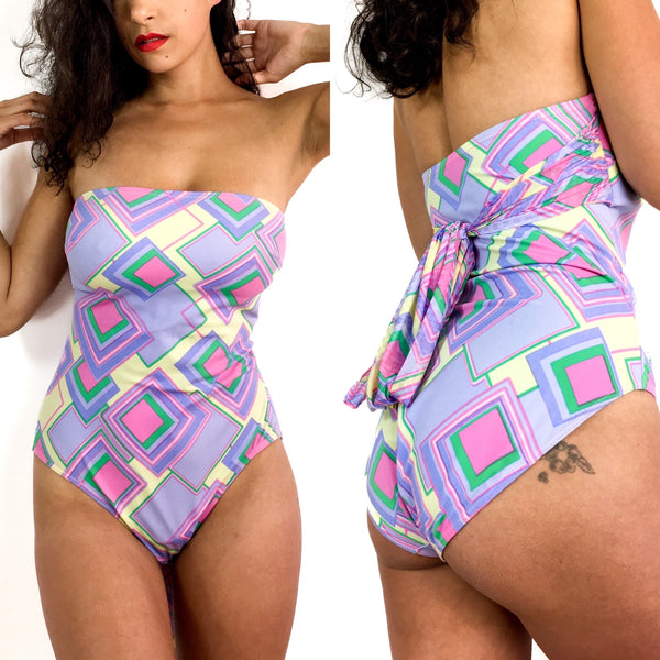 80s vintage strapless one-piece swimsuit, long bow at the back.