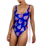 80s vintage one-piece bathing suit, little boat print