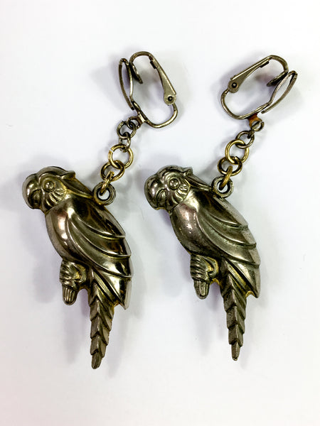 70s vintage silver-toned parrot clip-on earrings 💌 FREE SHIPPING