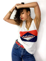 80s vintage Adidas unisex tank top. White with a large red and blue logo.