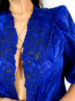 80s vintage open blouse, bold blue