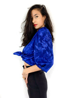 80s vintage open blouse, bold blue