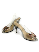 70s clear slingback peep-toe pumps, sequined butterly at the front
