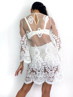 70s vintage white embroidered mesh cover-up, long sleeves, see-through