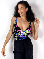 80s vintage one-piece bathing suit, deep cleavage and open back
