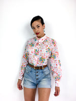 70s vintage retro print shirt, pointy collar