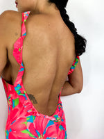 90s vintage bright pink one-piece swimsuit, open back with ruffles