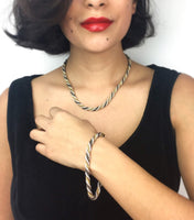 80s necklace and bracelet set, twisted silver, gold plated and ruthenium chain