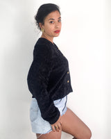80s vintage black velveteen buttoned sweater