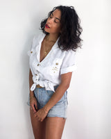 90s vintage short sleeve shirt, gold embroideries