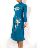 70s vintage teal Vietnamese-style dress (Ao dai)