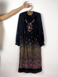 70s vintage sheer black day midi dress, floral print