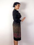 70s vintage sheer black day midi dress, floral print