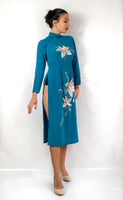 70s vintage teal Vietnamese-style dress (Ao dai)
