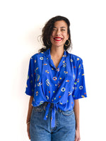 80s vintage summer blouse, adjustable waist