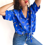 80s vintage summer blouse, adjustable waist